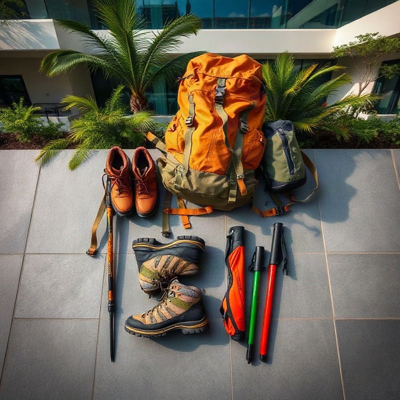Composição de mochila, botas, bastões e ferramentas de navegação sobre pedra de ardósia