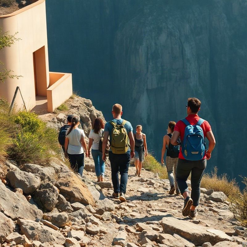 Pequeno grupo de caminhantes seguindo um guia em trilha rochosa nos Aparados da Serra